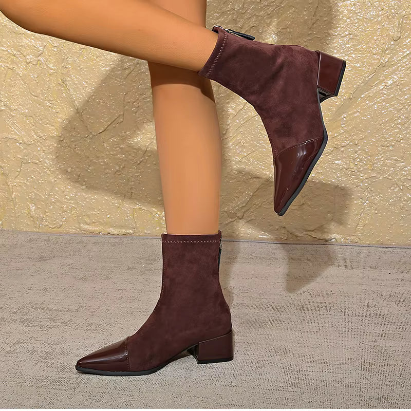 Pointed Toe Ankle Boots Women's Brown Suede Patent Block Heel – Office, Holiday Gift