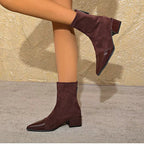 Pointed Toe Ankle Boots Women's Brown Suede Patent Block Heel – Office, Holiday Gift