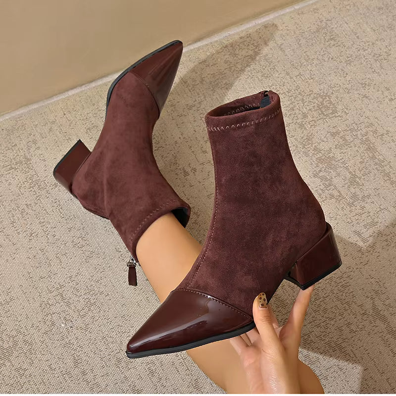 Pointed Toe Ankle Boots Women's Brown Suede Patent Block Heel – Office, Holiday Gift