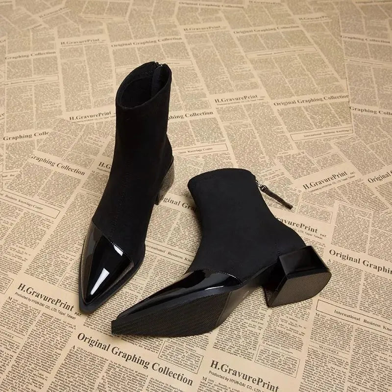 Pointed Toe Ankle Boots Women's Brown Suede Patent Block Heel – Office, Holiday Gift