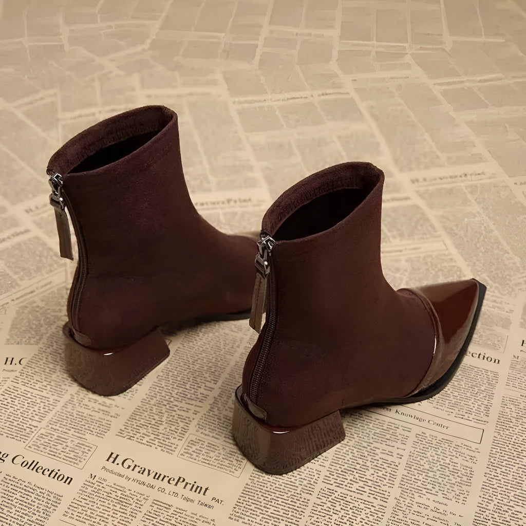 Pointed Toe Ankle Boots Women's Brown Suede Patent Block Heel – Office, Holiday Gift