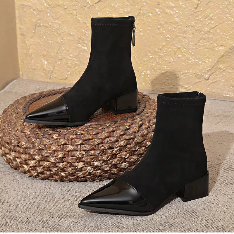 Pointed Toe Ankle Boots Women's Brown Suede Patent Block Heel – Office, Holiday Gift