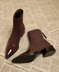 Pointed Toe Ankle Boots Women's Brown Suede Patent Block Heel – Office, Holiday Gift