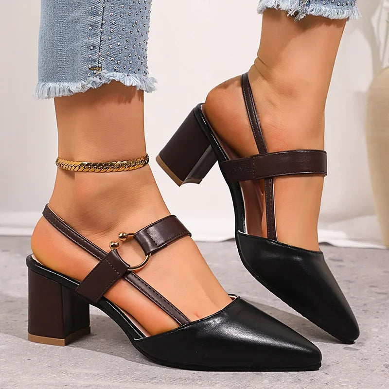 Pointed Toe Block Heel Pumps Women's Slingback Sandals Beige Brown – Office, Casual