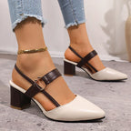 Pointed Toe Block Heel Pumps Women's Slingback Sandals Beige Brown – Office, Casual