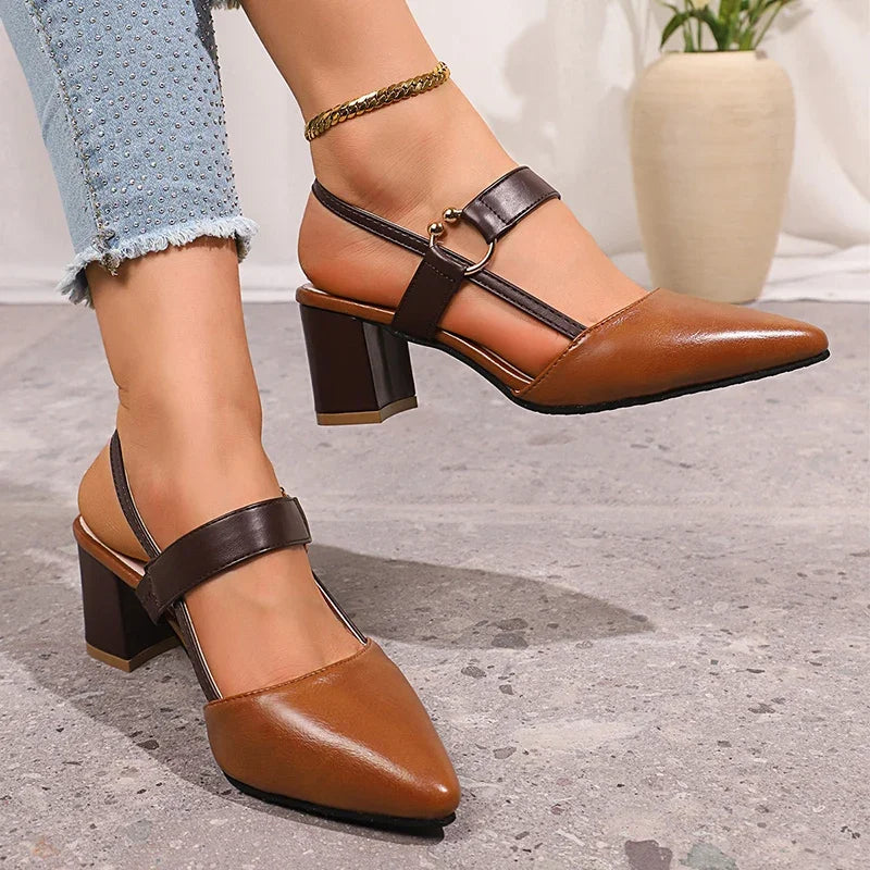 Pointed Toe Block Heel Pumps Women's Slingback Sandals Beige Brown – Office, Casual