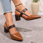 Pointed Toe Block Heel Pumps Women's Slingback Sandals Beige Brown – Office, Casual