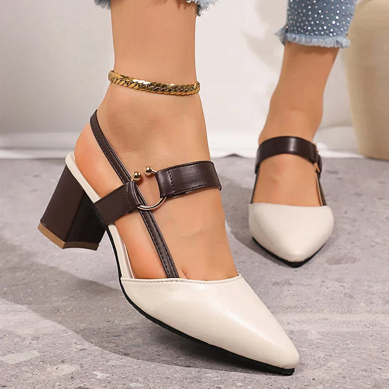 Pointed Toe Block Heel Pumps Women's Slingback Sandals Beige Brown – Office, Casual