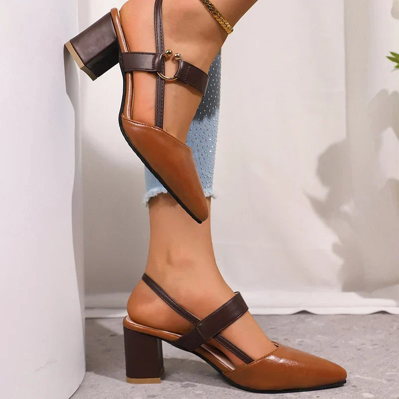 Pointed Toe Block Heel Pumps Women's Slingback Sandals Beige Brown – Office, Casual