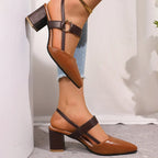 Pointed Toe Block Heel Pumps Women's Slingback Sandals Beige Brown – Office, Casual