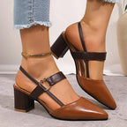 Pointed Toe Block Heel Pumps Women's Slingback Sandals Beige Brown – Office, Casual