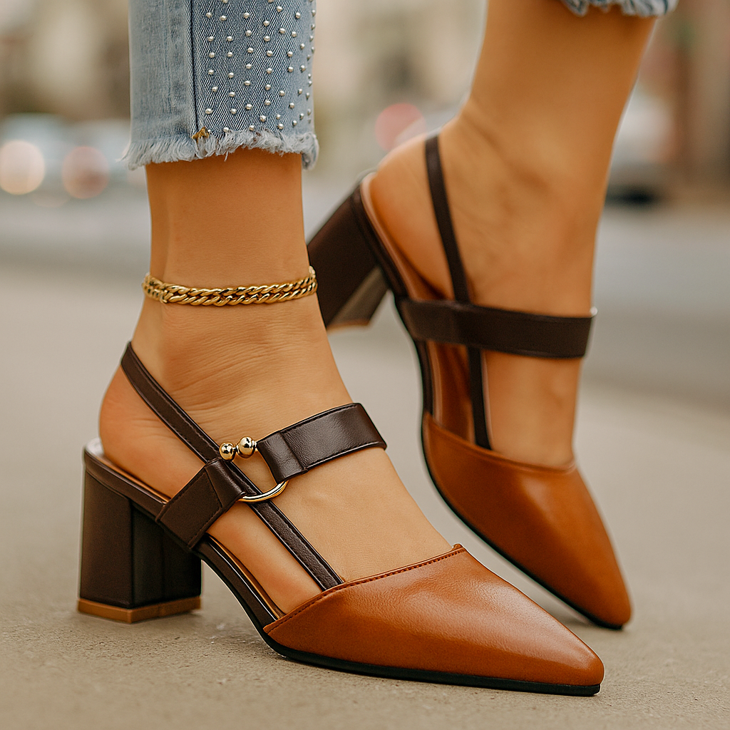 Pointed Toe Block Heel Pumps Women's Slingback Sandals Beige Brown – Office, Casual