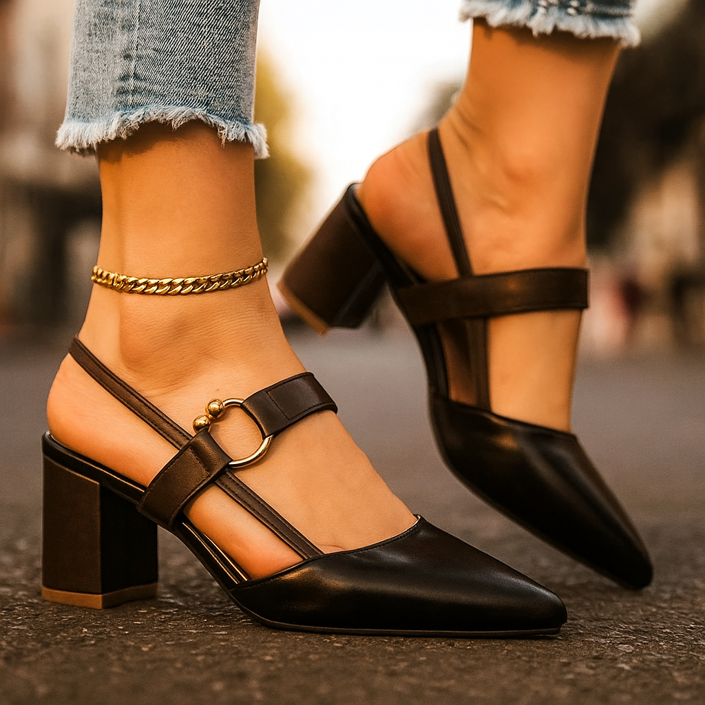 Pointed Toe Block Heel Pumps Women's Slingback Sandals Beige Brown – Office, Casual