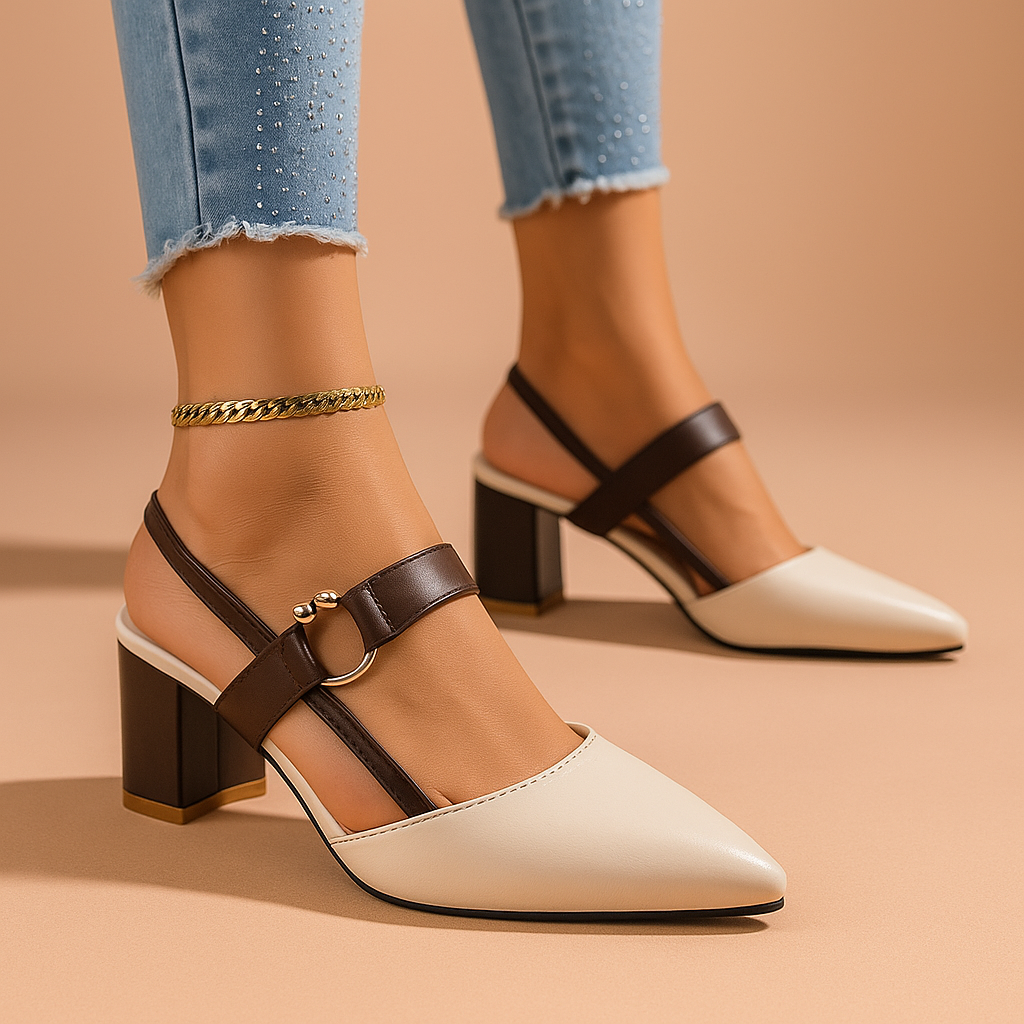 Pointed Toe Block Heel Pumps Women's Slingback Sandals Beige Brown – Office, Casual