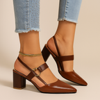 Pointed Toe Block Heel Pumps Women's Slingback Sandals Beige Brown – Office, Casual