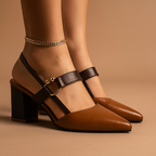 Pointed Toe Block Heel Pumps Women's Slingback Sandals Beige Brown – Office, Casual