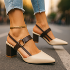Pointed Toe Block Heel Pumps Women's Slingback Sandals Beige Brown – Office, Casual