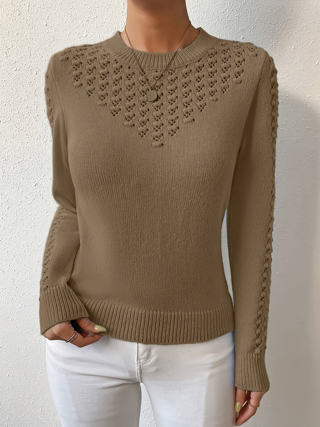 Pointelle Knit Sweater Women's Round Neck Long Sleeve Blue Pullover Top – Casual, Office, Gift
