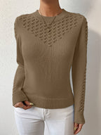 Pointelle Knit Sweater Women's Round Neck Long Sleeve Blue Pullover Top – Casual, Office, Gift