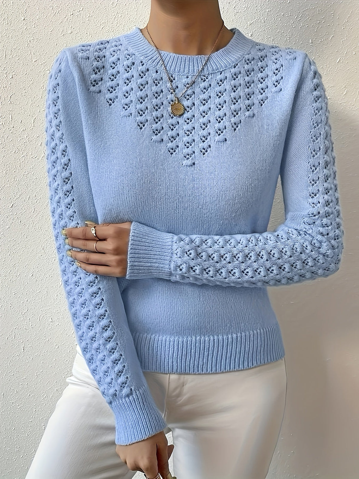 Pointelle Knit Sweater Women's Round Neck Long Sleeve Blue Pullover Top – Casual, Office, Gift