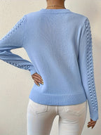 Pointelle Knit Sweater Women's Round Neck Long Sleeve Blue Pullover Top – Casual, Office, Gift