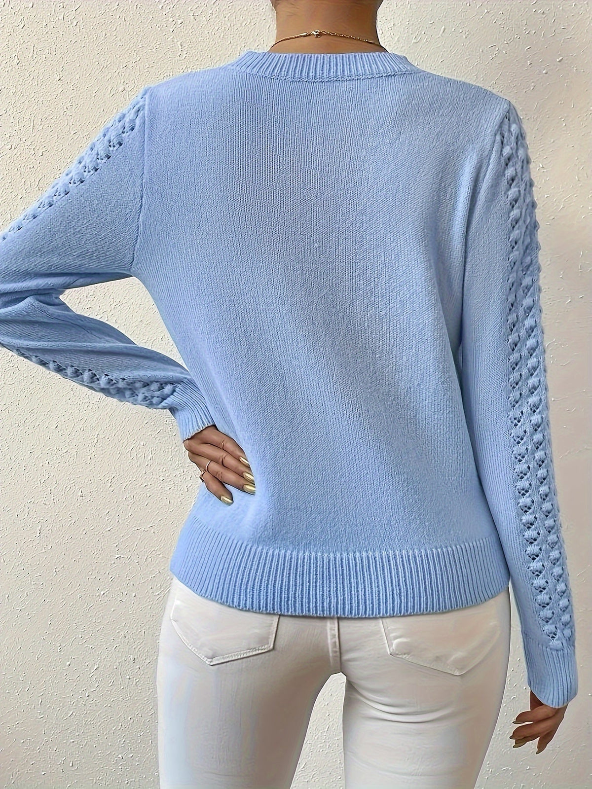 Pointelle Knit Sweater Women's Round Neck Long Sleeve Blue Pullover Top – Casual, Office, Gift