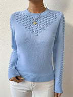 Pointelle Knit Sweater Women's Round Neck Long Sleeve Blue Pullover Top – Casual, Office, Gift