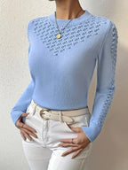 Pointelle Knit Sweater Women's Round Neck Long Sleeve Blue Pullover Top – Casual, Office, Gift