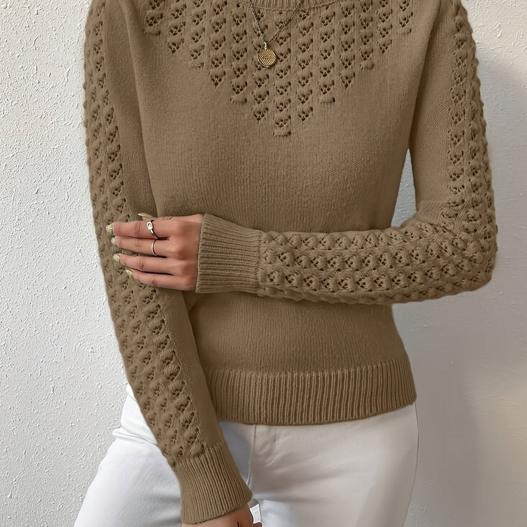 Pointelle Knit Sweater Women's Round Neck Long Sleeve Blue Pullover Top – Casual, Office, Gift