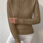 Pointelle Knit Sweater Women's Round Neck Long Sleeve Blue Pullover Top – Casual, Office, Gift