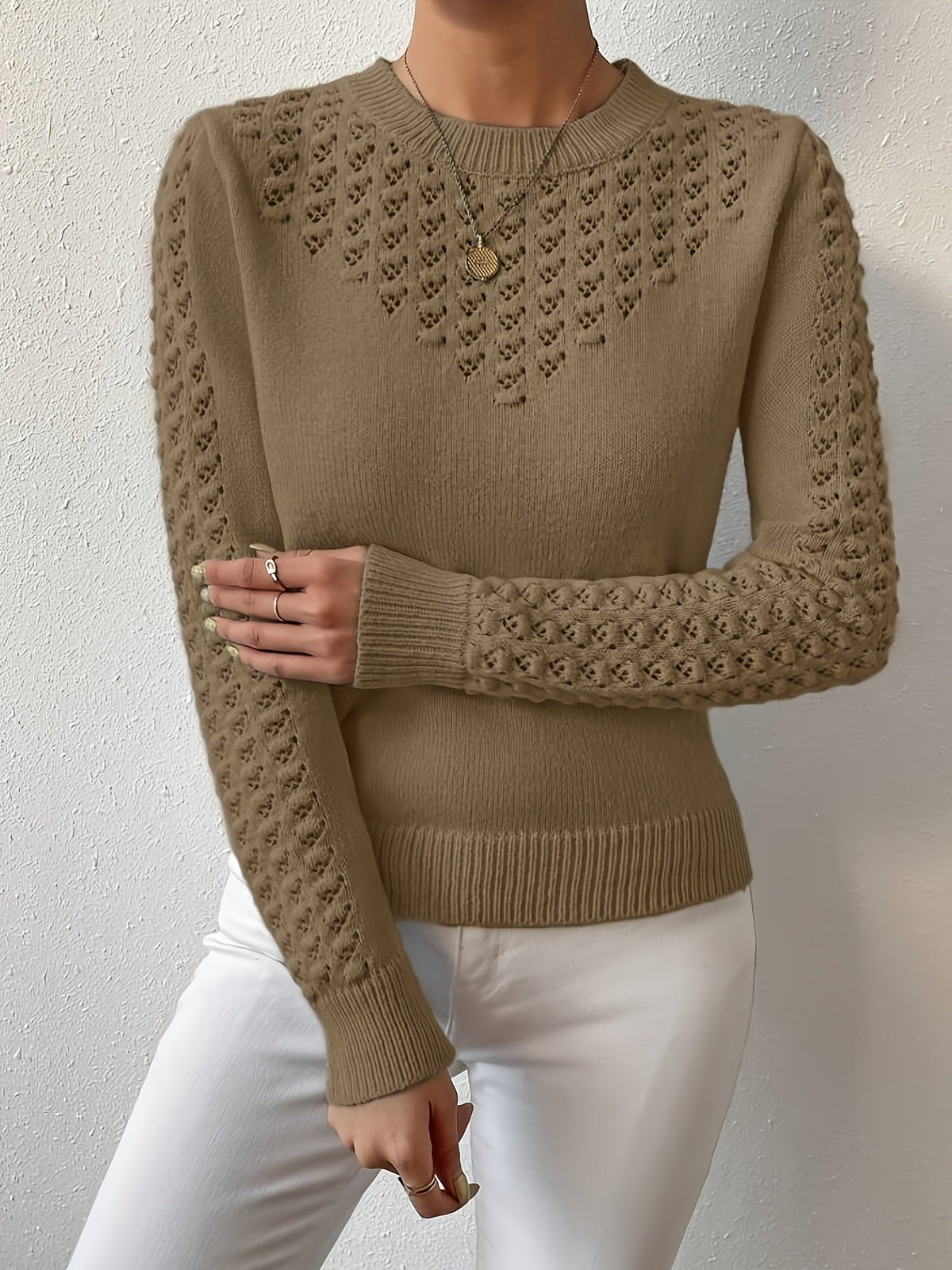 Pointelle Knit Sweater Women's Round Neck Long Sleeve Blue Pullover Top – Casual, Office, Gift