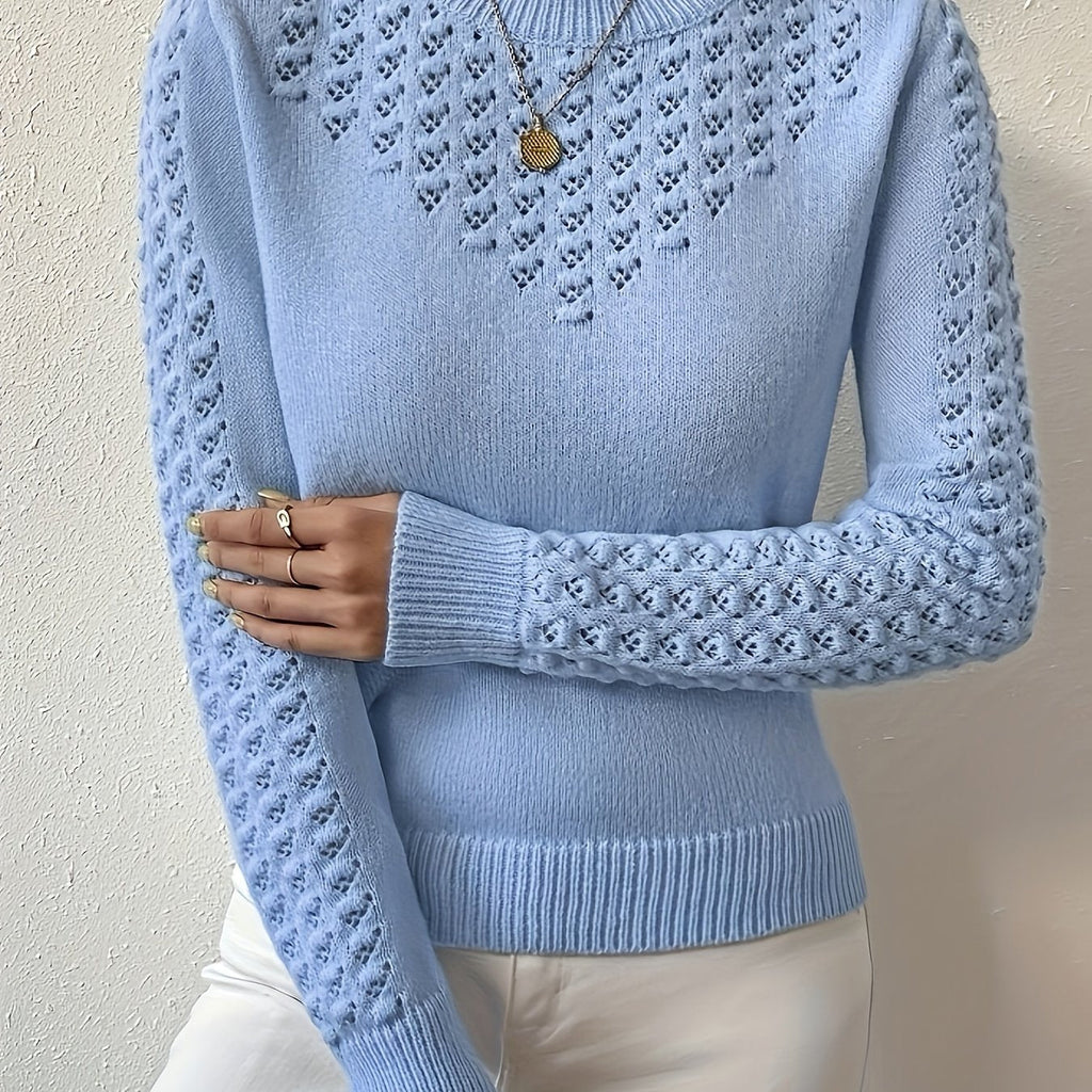 Pointelle Knit Sweater Women's Round Neck Long Sleeve Blue Pullover Top – Casual, Office, Gift