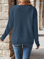 Pointelle Knit V-Neck Sweater Women's Blue Long Sleeve Pullover – Casual, Office