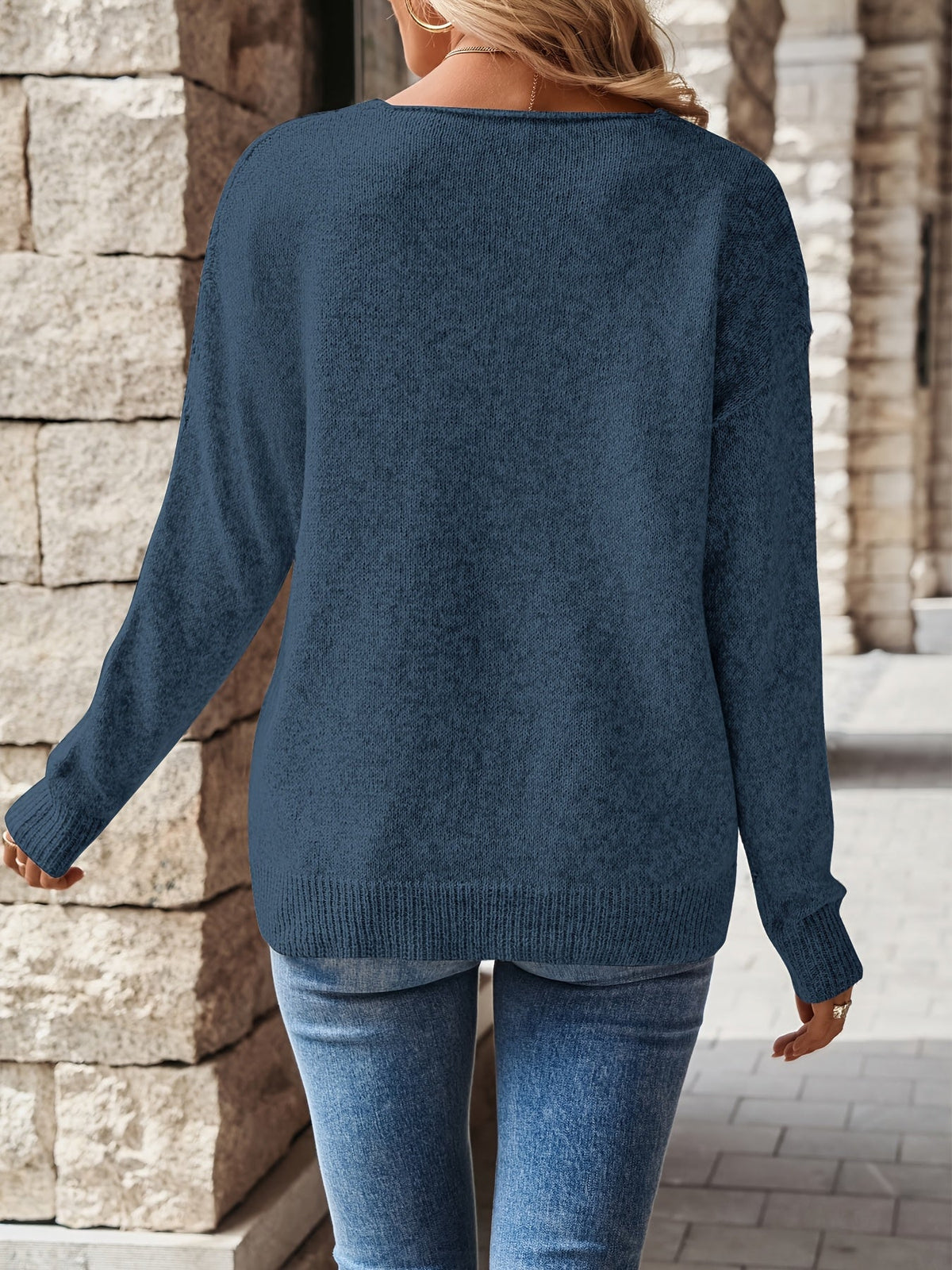 Pointelle Knit V-Neck Sweater Women's Blue Long Sleeve Pullover – Casual, Office