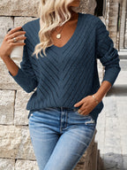 Pointelle Knit V-Neck Sweater Women's Blue Long Sleeve Pullover – Casual, Office