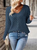 Pointelle Knit V-Neck Sweater Women's Blue Long Sleeve Pullover – Casual, Office