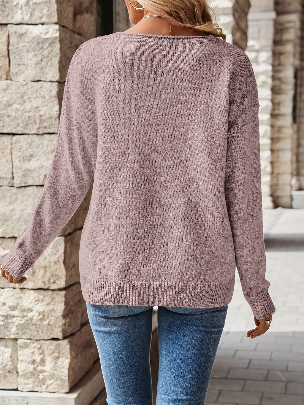 Pointelle Knit V-Neck Sweater Women's Blue Long Sleeve Pullover – Casual, Office