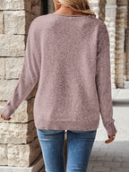 Pointelle Knit V-Neck Sweater Women's Blue Long Sleeve Pullover – Casual, Office