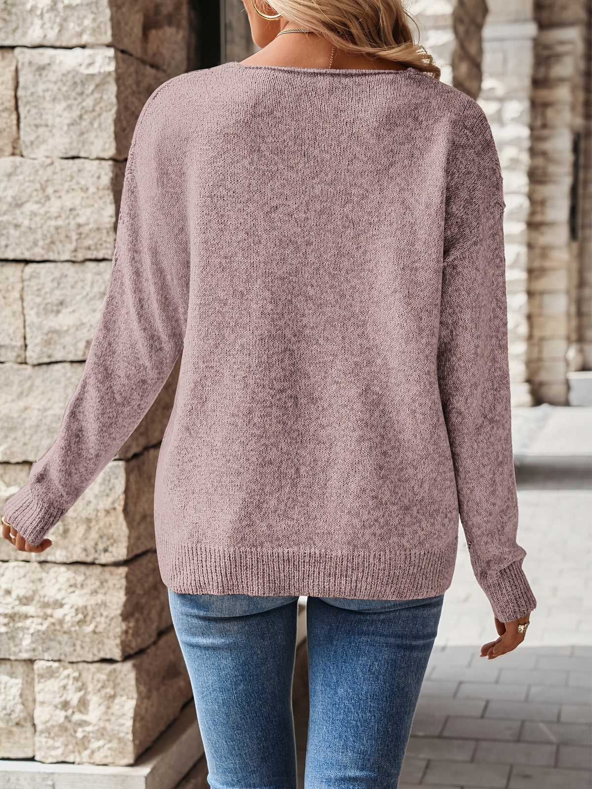 Pointelle Knit V-Neck Sweater Women's Blue Long Sleeve Pullover – Casual, Office