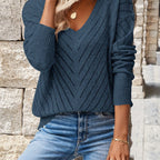 Pointelle Knit V-Neck Sweater Women's Blue Long Sleeve Pullover – Casual, Office