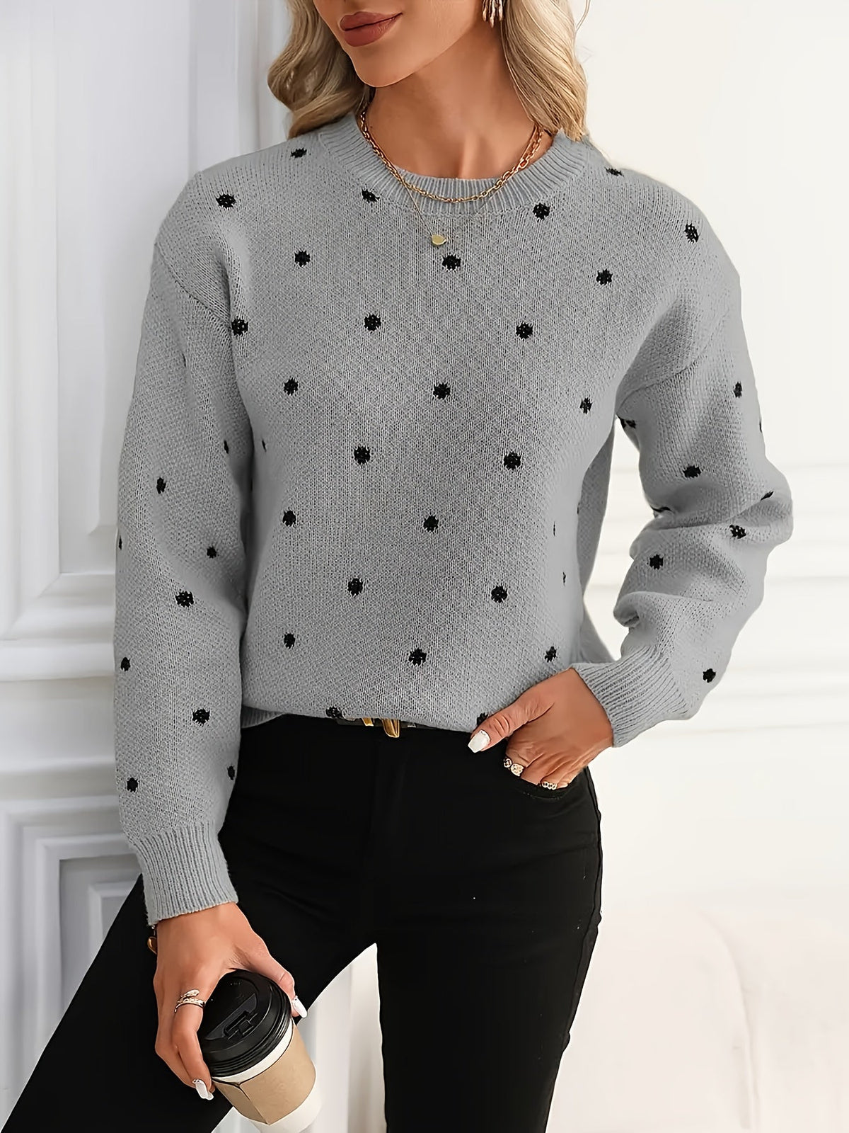 Polka Dot Sweater Women's Crew Neck Long Sleeve Knit Pullover – Casual, Office, Gift