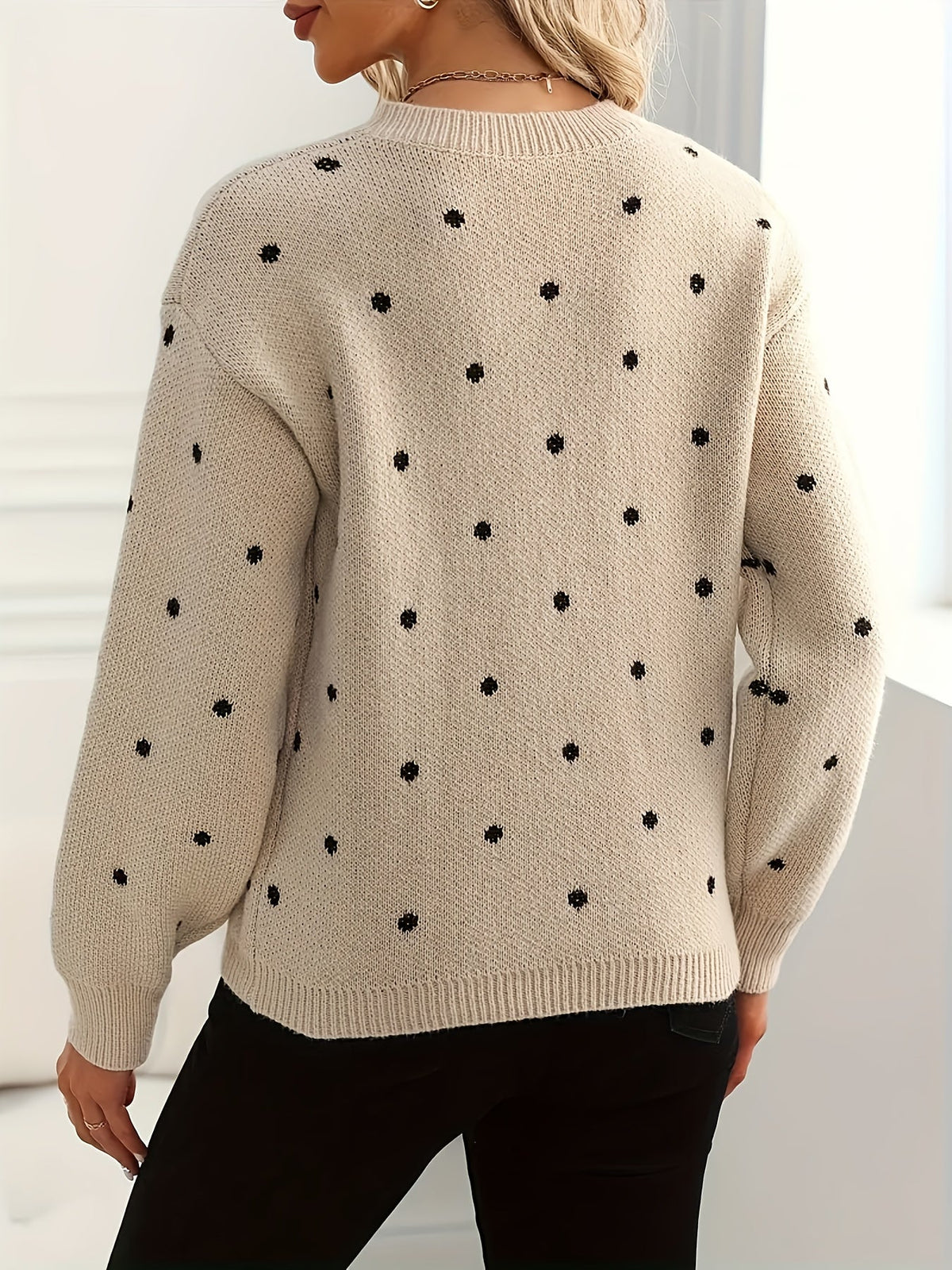 Polka Dot Sweater Women's Crew Neck Long Sleeve Knit Pullover – Casual, Office, Gift