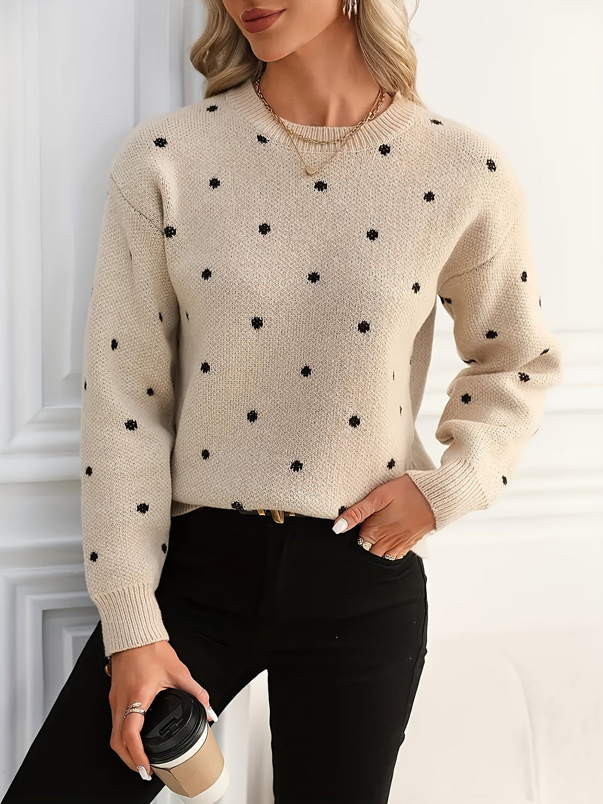 Polka Dot Sweater Women's Crew Neck Long Sleeve Knit Pullover – Casual, Office, Gift