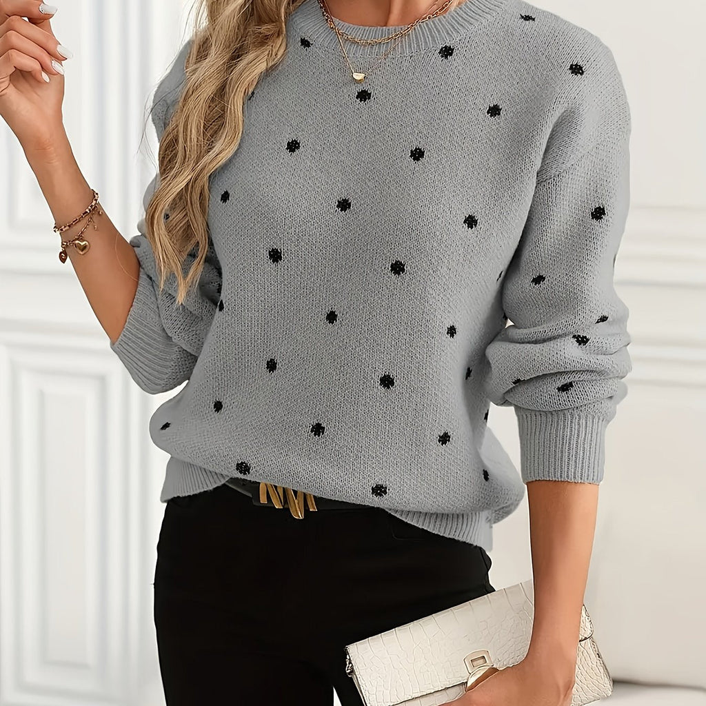 Polka Dot Sweater Women's Crew Neck Long Sleeve Knit Pullover – Casual, Office, Gift