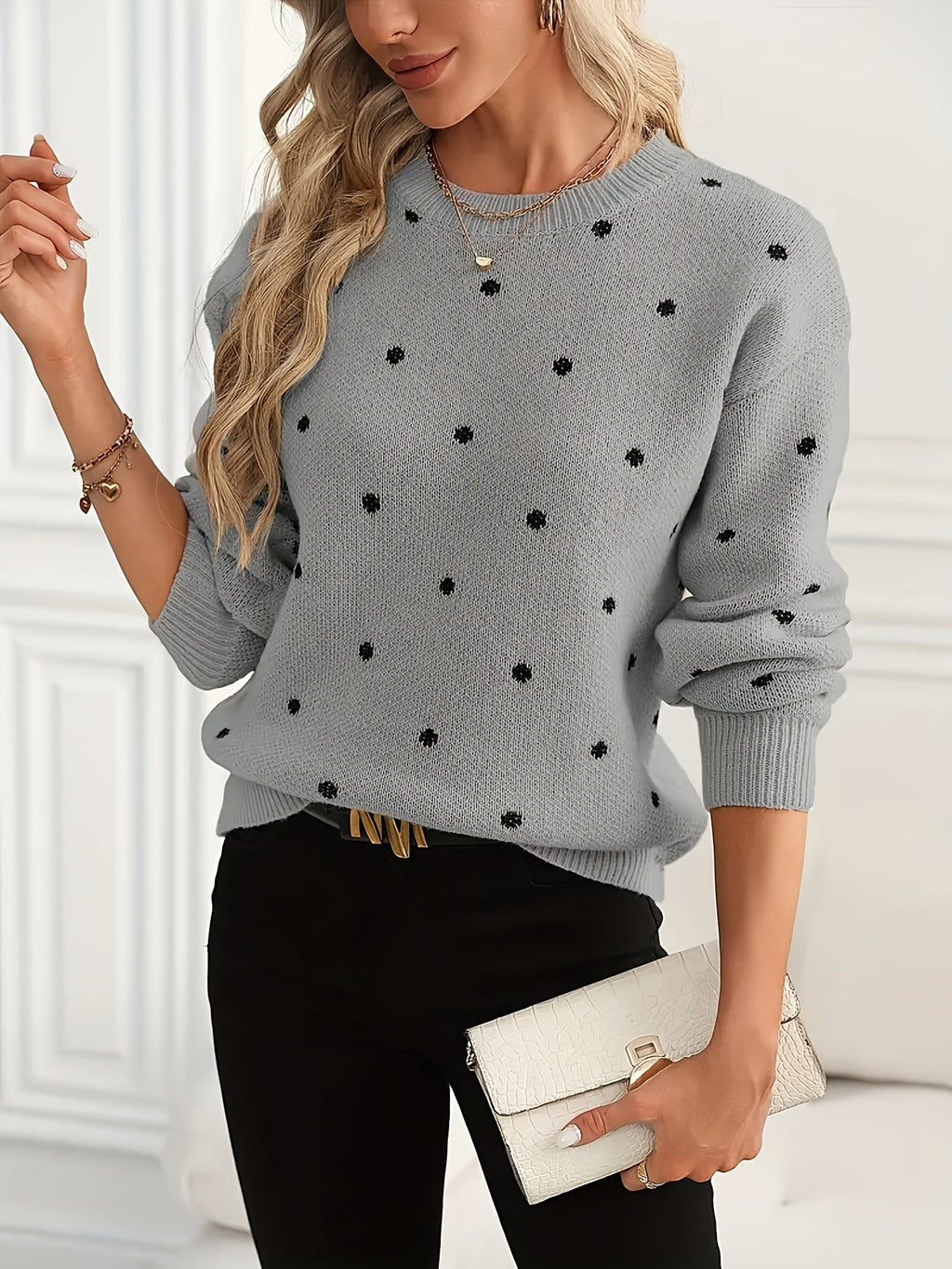 Polka Dot Sweater Women's Crew Neck Long Sleeve Knit Pullover – Casual, Office, Gift