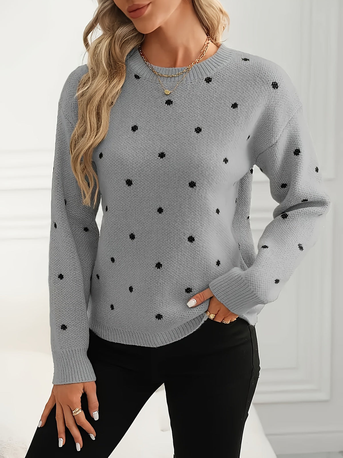 Polka Dot Sweater Women's Crew Neck Long Sleeve Knit Pullover – Casual, Office, Gift