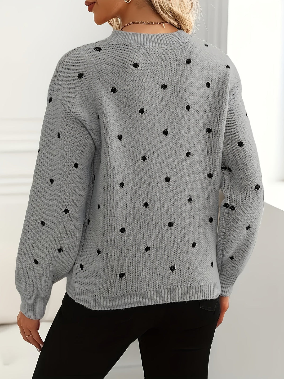 Polka Dot Sweater Women's Crew Neck Long Sleeve Knit Pullover – Casual, Office, Gift