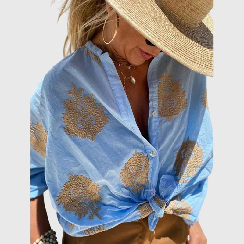 Printed Button-Up Blouse Women's White Gold Long Sleeve Shirt – Casual, Office, Holiday, Gift