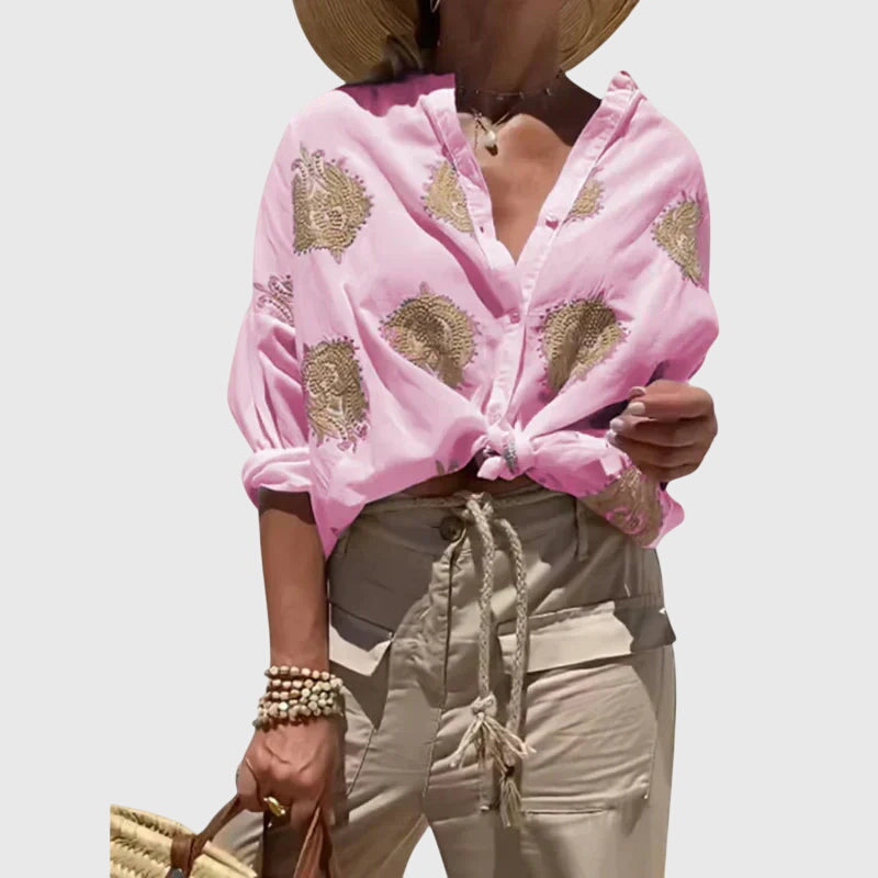 Printed Button-Up Blouse Women's White Gold Long Sleeve Shirt – Casual, Office, Holiday, Gift
