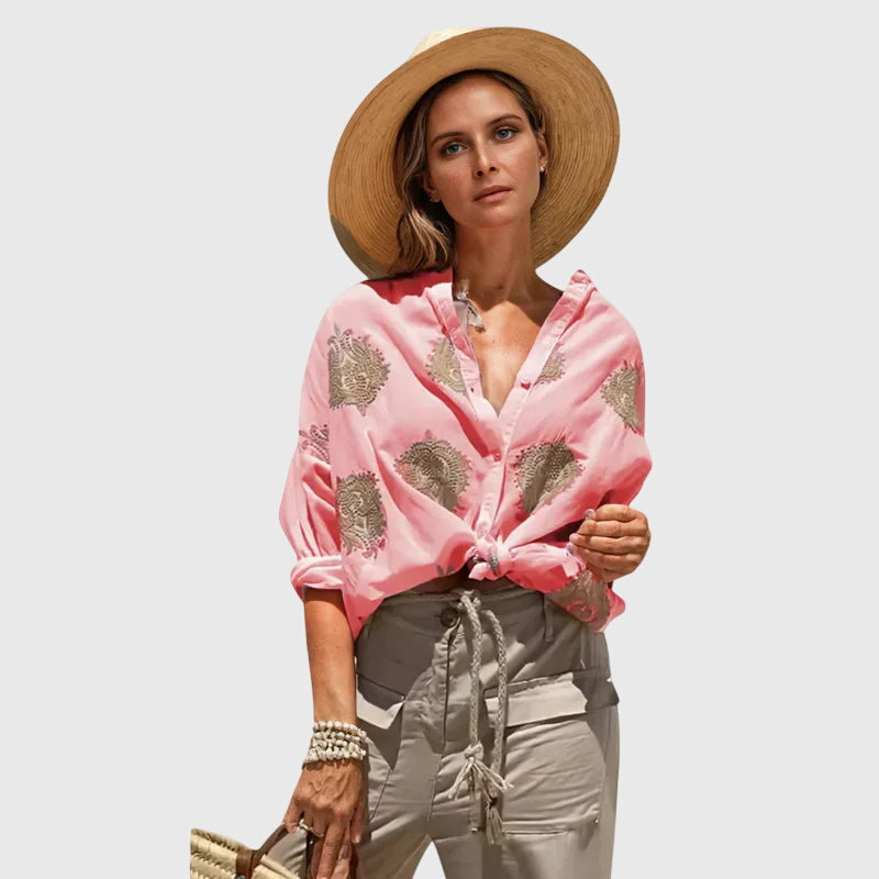 Printed Button-Up Blouse Women's White Gold Long Sleeve Shirt – Casual, Office, Holiday, Gift